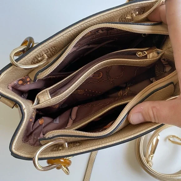 Women's Tan Crossbody Hand Satchel Chained Handle Faux‎ Leather Purse Bag Gold - Picture 5 of 8